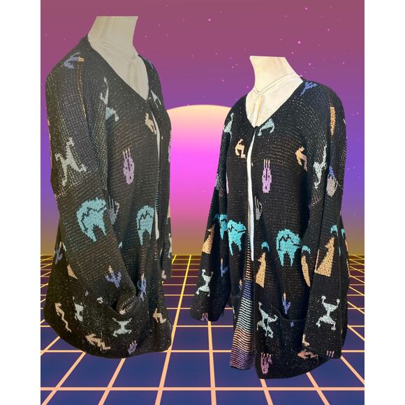 Vintage 80s French Rags 2 Black Pastel Southwestern Figures Cardi Sweater XL - Picture 3 of 3